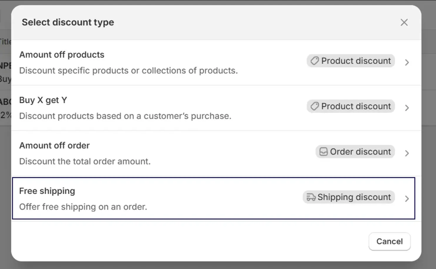 Under the Discount type, select Free shipping